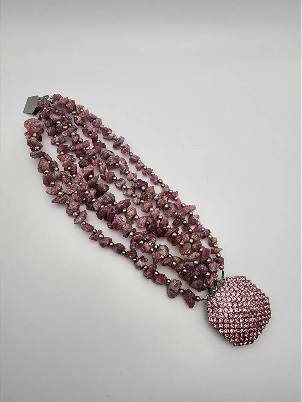 Chunky Pink Multi-Strand Rough Raw Tourmaline Bracelet with Rhinestone Clasp